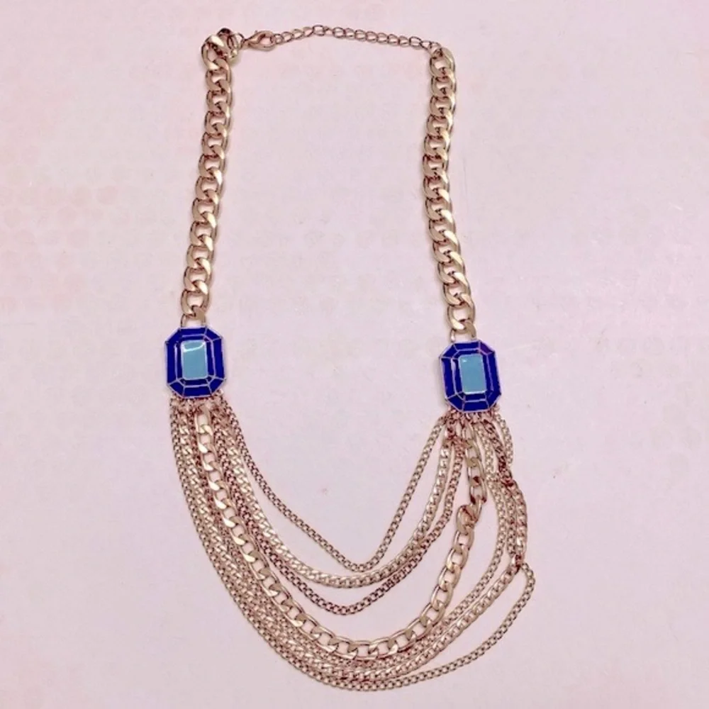 Gold Tone Multi Chain Layer Blue Purple Enameled Statement Necklace